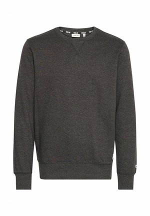 Sweat-shirt gris foncé en matériau doux, avec un col rond classique, des poignets côtelés et un ourlet droit avec une étiquette logo sur le côté.