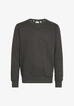 Tamsiai pilkas džemperis pagamintas iš minkštos medžiagos, turintis klasikinį apvalų kaklą, juosteles ant rankovių ir tiesų apatinį kraštą su logotipo etikete šone.