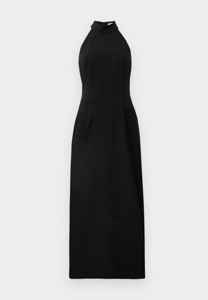 Mouwloze zwarte maxi-jurk met een hoge halslijn en aansluitend lijfje. Soepele stof met een subtiele glans en ritssluiting aan de achterkant.