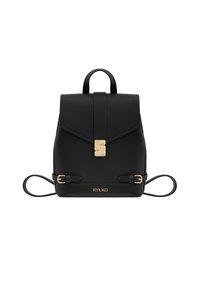 Black leather backpack with a flap closure, gold metal hardware, braided straps, and logo detail on the front. Rectangular shape.