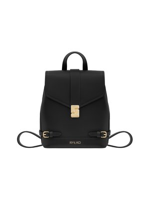 Sac à dos en cuir noir avec un rabat, quincaillerie en métal doré, bretelles tressées et détail de logo à l'avant. Forme rectangulaire.