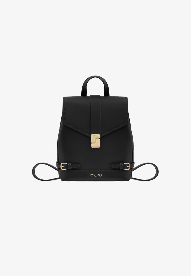 Black leather backpack with a flap closure, gold metal hardware, braided straps, and logo detail on the front. Rectangular shape.