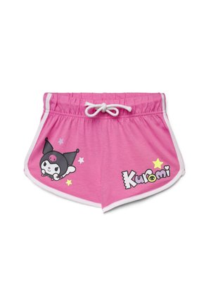Pantaloncini con fascia elastica rosa, coulisse bianca, bordatura laterale bianca, personaggio dei cartoni con orecchie nere e scritta "Kuromi" con stelle.