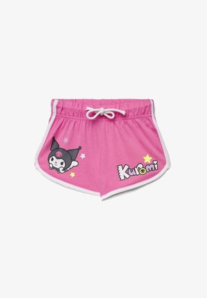 Pantaloncini con fascia elastica rosa, coulisse bianca, bordatura laterale bianca, personaggio dei cartoni con orecchie nere e scritta "Kuromi" con stelle.