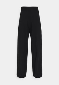 Black wide-leg pants with a smooth texture, featuring an elastic waistband, and no visible seams or patterns. Simple, minimalist design.