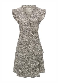Vimmakleid mit einem Schwarz-Weiß-Schmetterlingsmuster, Rüschensäumen und einer taillierten Taille mit asymmetrischem Saum. Hergestellt aus leichtem Stoff.