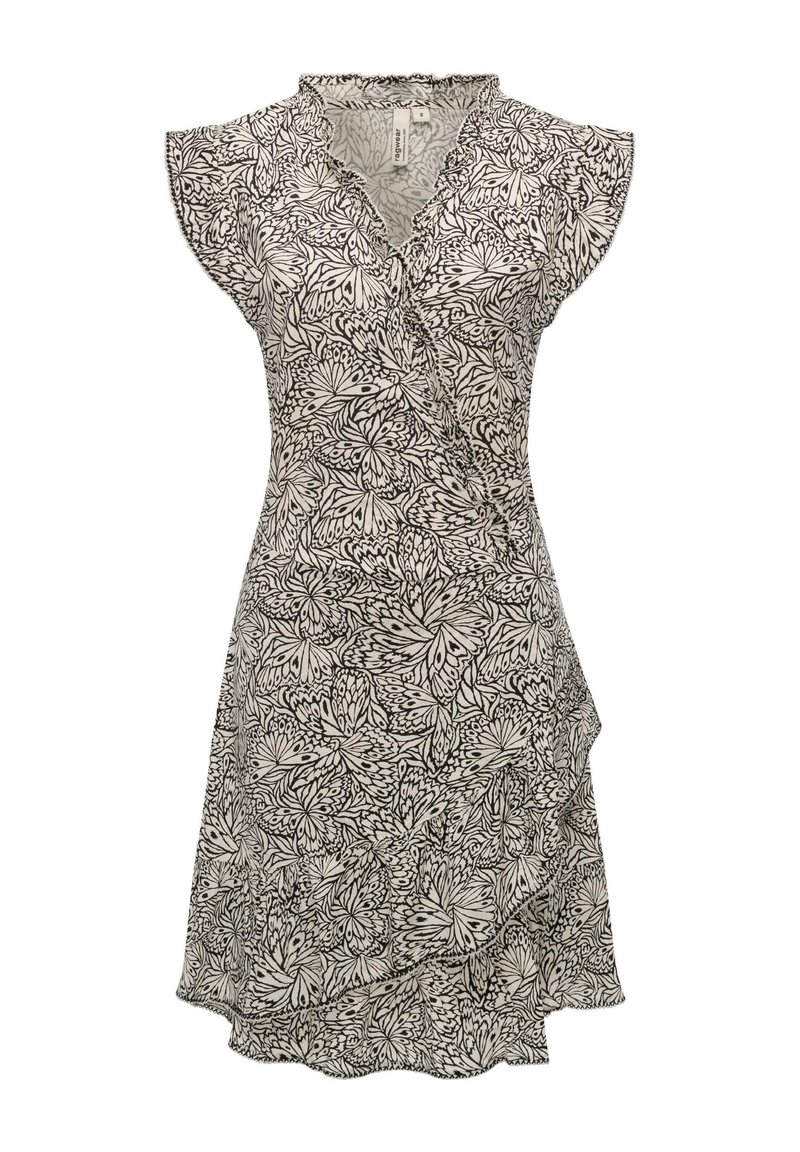 Vimmakleid mit einem Schwarz-Weiß-Schmetterlingsmuster, Rüschensäumen und einer taillierten Taille mit asymmetrischem Saum. Hergestellt aus leichtem Stoff.