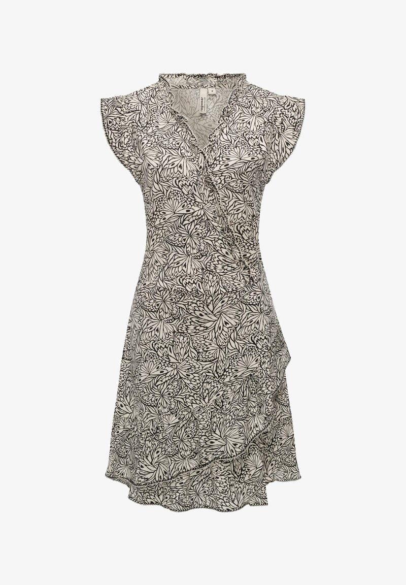 Omslagskjole med et svart og hvitt sommerfugl-mønster, volang-ermer og en figursydd midje med en asymmetrisk kant. Laget av lett stoff.