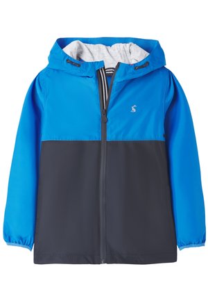 Blå og sort hættetrøje med frontlynlås, elastiske ærmegab og gråt for indeni hætten.