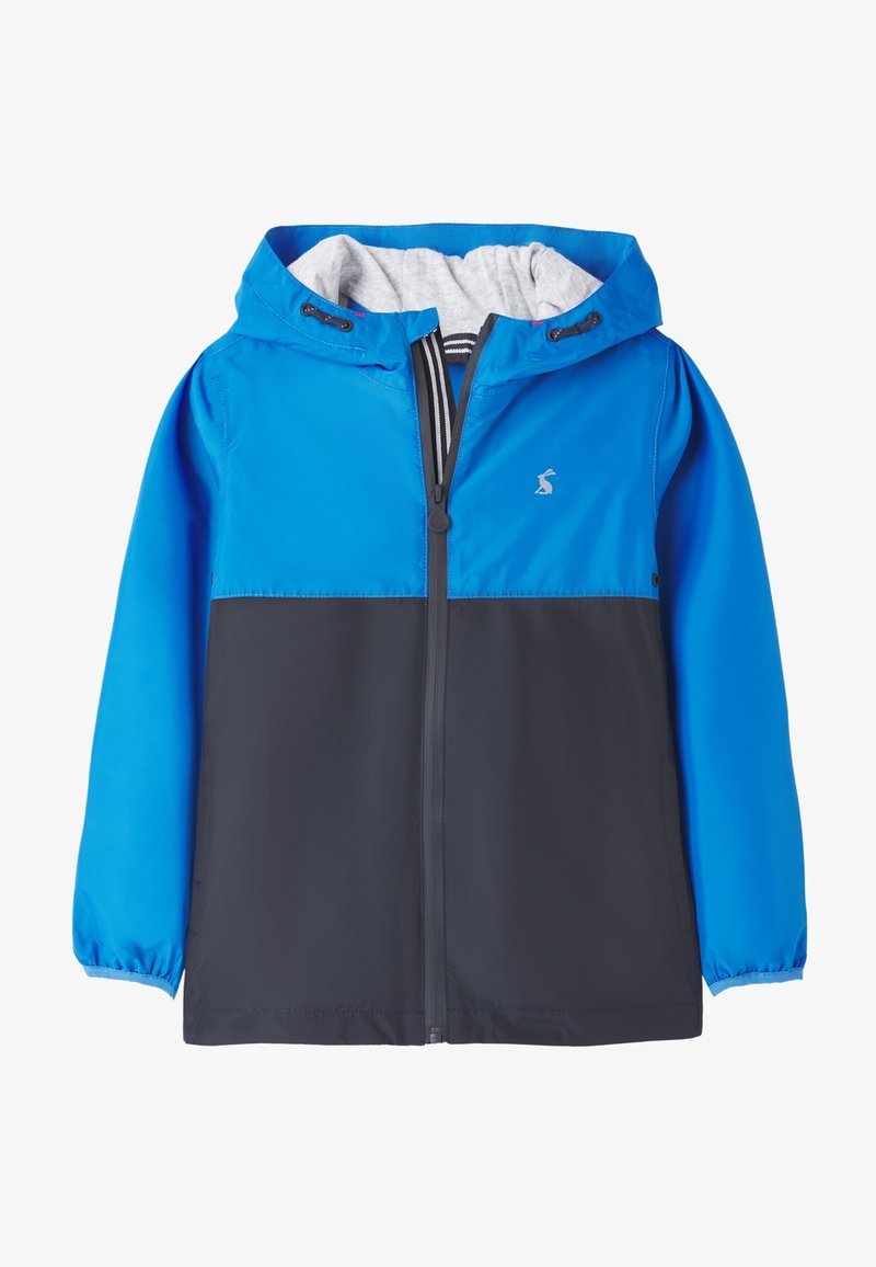 Veste à capuche bleu et noir avec fermeture éclair frontale, poignets élastiques et doublure intérieure grise visible dans la capuche.