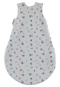 Heller grauer Baumwoll-Schlafsack für Babys, mit einer gesteppten Textur und bunten Mustern von Tieren und Formen auf der gesamten Fläche.