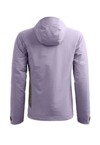 Purple waterproof jacket with hood, long sleeves, and green side panel. Features zippered pockets and elastic cuffs for secure fit.