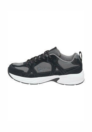 Black and gray athletic shoes with mesh and suede upper, white midsole, and black outsole. Features laces and a back pull tab.