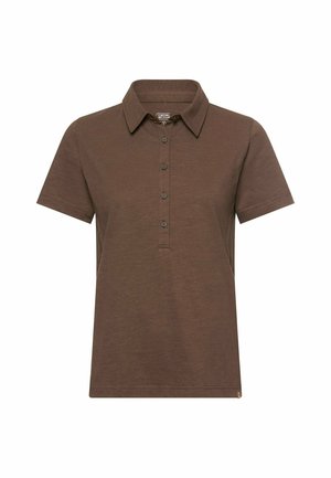 Bruine polo met korte mouwen, een kraag en een knoopsluiting met vier knopen, eenvoudig ontwerp en een klein logolabel aan de onderzoom.