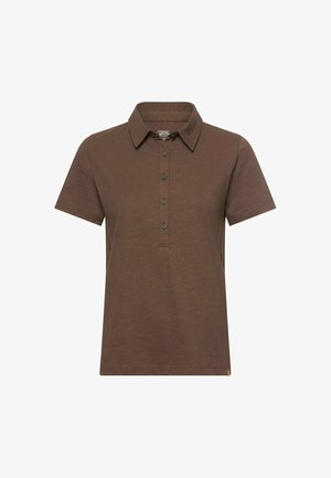 Bruine polo met korte mouwen, een kraag en een knoopsluiting met vier knopen, eenvoudig ontwerp en een klein logolabel aan de onderzoom.