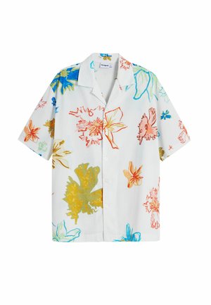 Short-sleeve, button-up shirt with a white base; features colorful floral patterns in orange, yellow, blue, and green on a textured fabric.