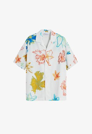 Kortærmet, knap-up skjorte med hvid bund; har farverige blomster mønstre i orange, gul, blå og grøn på et tekstureret stof.