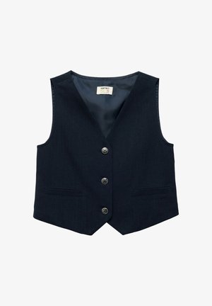 Gilet per bambini blu navy con scollo a V, tre bottoni argento, due tasche welt frontali e una fodera interna liscia.