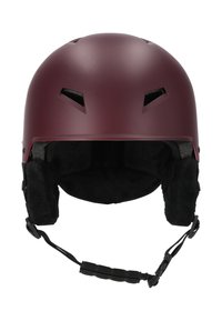 Casque de ski maroon avec des fentes de ventilation, finition mate, doublure noire douce, sangle de menton ajustable et design arrondi pour un ajustement optimal.