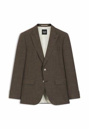 Bruine getextureerde blazer met twee knopen, ingesneden revers, klepzakken en witte binnenvoering, gelabeld BOSS ONE.