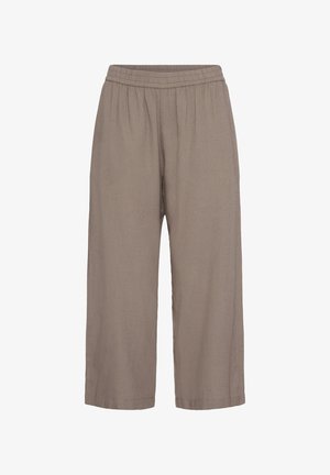 Pantalones taupe de corte holgado hasta el tobillo con cintura elástica y piernas rectas, confeccionados con tela ligera.