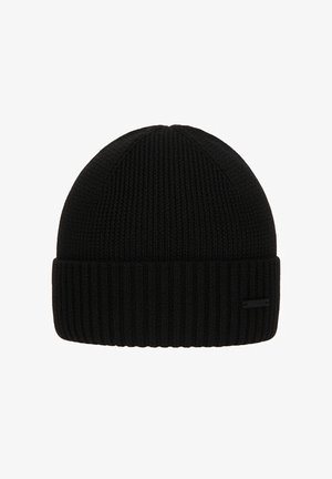 Black knitted beanie with a ribbed texture, featuring a folded cuff and a small black label. Smooth surface with a rounded top design.