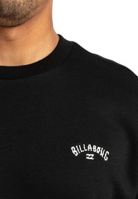 Black sweatshirt with a round neck, made of cotton, featuring a white embroidered "Billabong" logo on the chest. Soft texture.