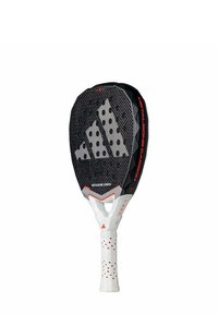 Zwarte paddle racket met een gestructureerd oppervlak, voorzien van witte stippenpatronen, een witte handgreep en rode accenten. Gemaakt van lichtgewicht carbonmateriaal.