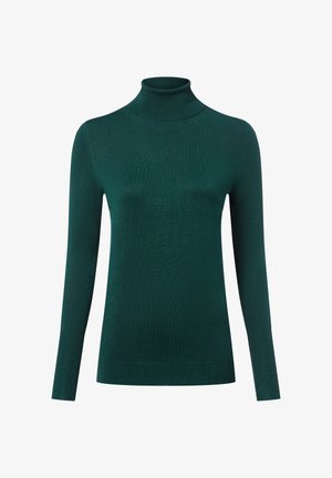 Grüner Rollkragenpullover aus einem weichen Strickmaterial. Mit langen Ärmeln, einem figurbetonten Design und gerippten Akzenten an den Ärmelbündchen und dem Saum.