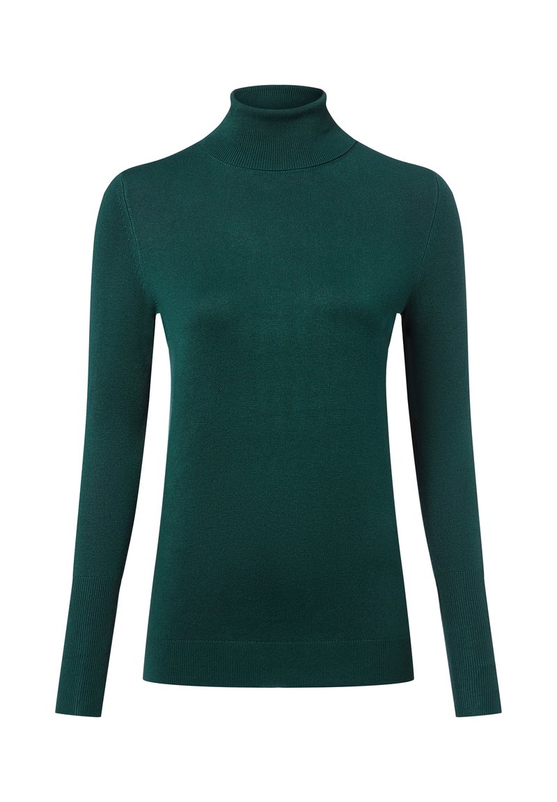 Grüner Rollkragenpullover aus einem weichen Strickmaterial. Mit langen Ärmeln, einem figurbetonten Design und gerippten Akzenten an den Ärmelbündchen und dem Saum.