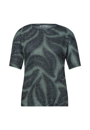 Kortärmlig shirt met abstract donker groen en zwart swirl-patroon, ronde halslijn en rechte zoom.