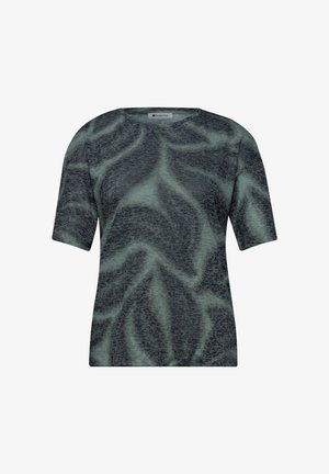Chemise à manches courtes avec motif abstrait tourbillonnant vert foncé et noir, encolure ronde et ourlet droit.