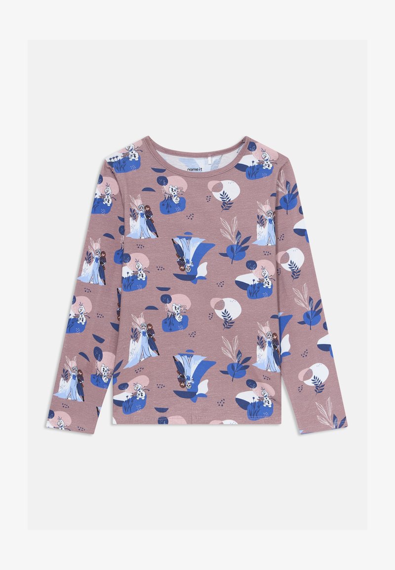 Camisa de manga longa na cor malva, com padrão de formas abstratas azuis e rosas, apresentando os personagens Elsa, Anna e Olaf do filme Frozen.