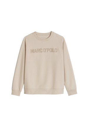 Beige crewneck sweater met lange mouwen en ""MARC O'POLO"" geborduurd over de borst in bijpassende beige draad.
