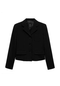 Blazer noir court à col cranté, trois boutons, deux poches avant, coupe ajustée et texture lisse.