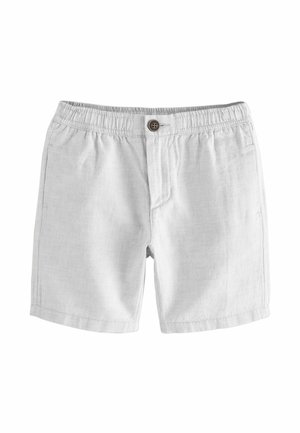 Pantaloni corti in lino grigio chiaro con vita elasticizzata e chiusura con un bottone. Presentano una texture liscia e tasche laterali.