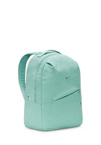 Mint green textured backpack with a rounded shape, front zip pocket, and adjustable straps. Features a small logo accent on the front.