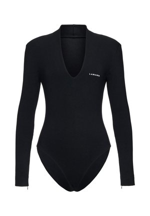 Must pikkade varrukatega bodi, sügava V-kaelusega ja väikese valge "LAMANIA" logoga rinnal, istuv siluett, lukuga detailid varrukaotstes.