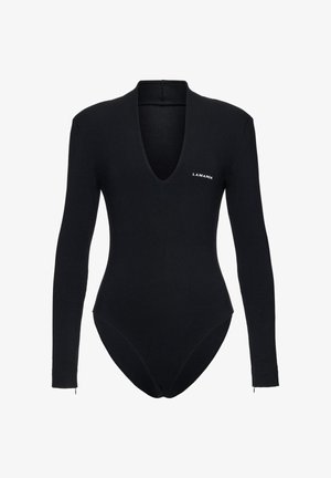 Body cu mâneci lungi, negru, cu decolteu adânc în V și un mic logo alb "LAMANIA" pe piept, siluetă mulată, detalii cu fermoar la manșete.