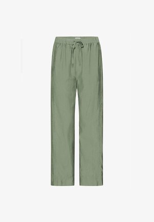 Pantaloni verde chiaro, morbidi e con una vestibilità ampia, dotati di una vita elasticizzata e coulisse. Tessuto morbido, design a gamba dritta, senza motivi o accenti visibili.