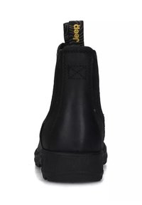 Czarne botki za kostkę z gładką skórzaną cholewką, teksturowaną gumową podeszwą i pętlą z tkaniny do łatwego zakładania, ozdobioną żółtym logo "Jeep".