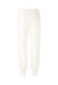 Weiße Jogginghose mit elastischem Bund, zulaufenden Bündchen und glatter Stoffstruktur. Keine sichtbaren Muster oder Verzierungen.