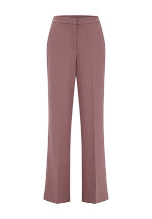 Pantaloni eleganti color malva chiaro con design a gamba dritta, davanti piatto e texture sottile, dotati di una cintura e senza tasche visibili.