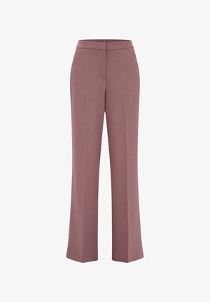 Pantaloni eleganti color malva chiaro con design a gamba dritta, davanti piatto e texture sottile, dotati di una cintura e senza tasche visibili.