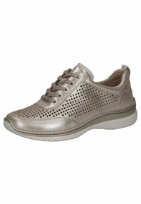 Metalliskt beige snörsko med perforerat ovansida, texturerade detaljer och en dämpad vit sula. Har en rundad tå och sömlös design.