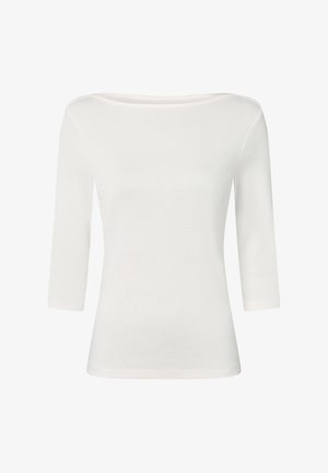 White long-sleeve fitted shirt with boat neckline and three-quarter length sleeves, displayed on a plain background.