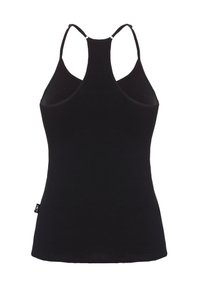 Zwarte mouwloze tanktop van glad, elastisch materiaal. Heeft een racerbackontwerp met dunne banden en een afgeronde zoom.