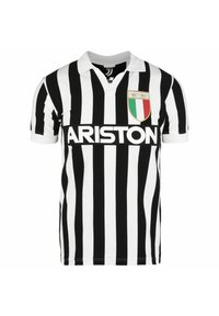 Jersey a rayas en blanco y negro con cuello de polo. Presenta el logo "ARISTON" y una insignia con acentos en verde, blanco y rojo.