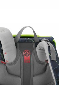 Draagtas voor kinderen met een grijze binnenkant, gevoerde schouderbanden en een zwarte buitenkant met groene en blauwe patronen. Rode "EASY GROW SYSTEM" logo zichtbaar.