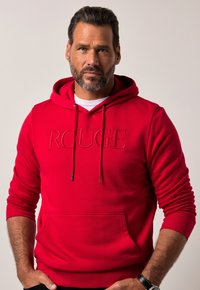 Felpa con cappuccio rossa caratterizzata da un logo "ROUGE" in rilievo, con tasca a marsupio e polsini a costine. Tessuto morbido, design casual.